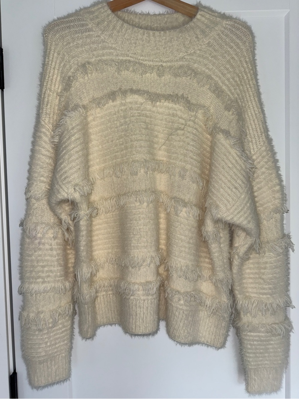 Very J Cream Fuzzy Fringe Crewneck Sweater Pullover